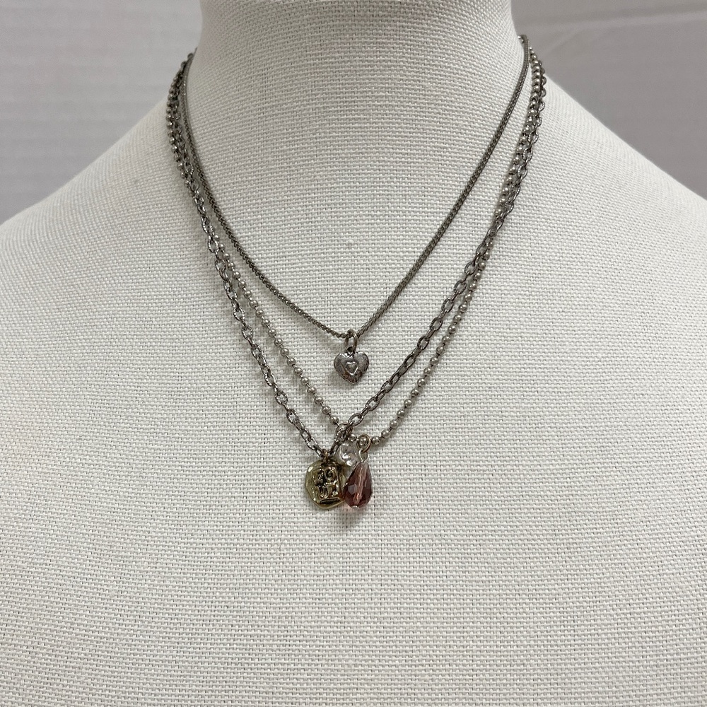 Triple Chain Silver Tone Charms Signed SM Vintage Necklace